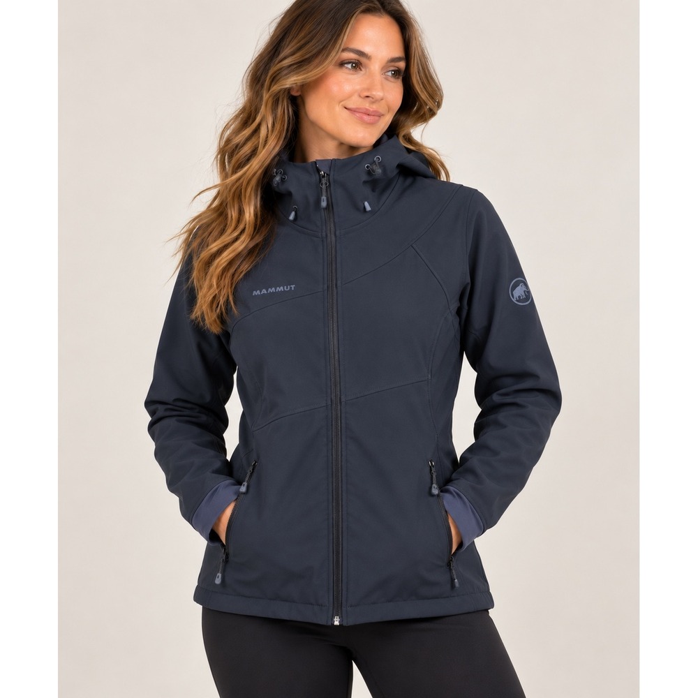 Mammut Luahna SOFtech Softshell Jacket Womens L Grey Hooded Fleece Lined Outdoor